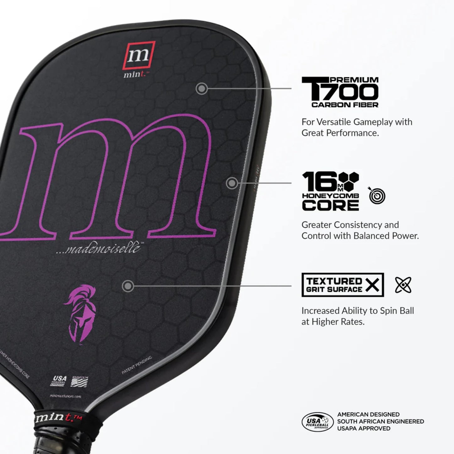 Mint Sport Mademoiselle Pickleball Paddle – T700 Carbon Fiber Pickleball Paddle with 16mm Polypropylene Core, Textured Spin Surface, TPE Edge Guard, USAPA Approved for Competitive Play