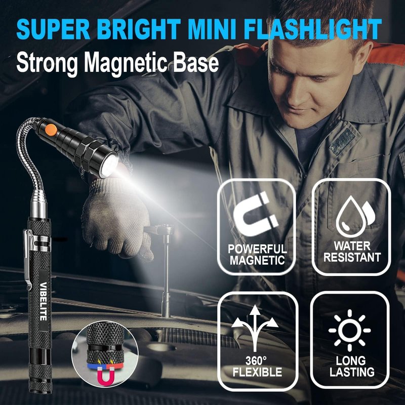 VIBELITE Extendable Magnetic Flashlight with Telescoping Magnet Pickup Tool-Cool Gadget Gifts for Men, Him, Teen Boys, Dad, Father, Mechanic, Boyfriend, Women, Birthday Gifts for Men, Black, 2 Pack
