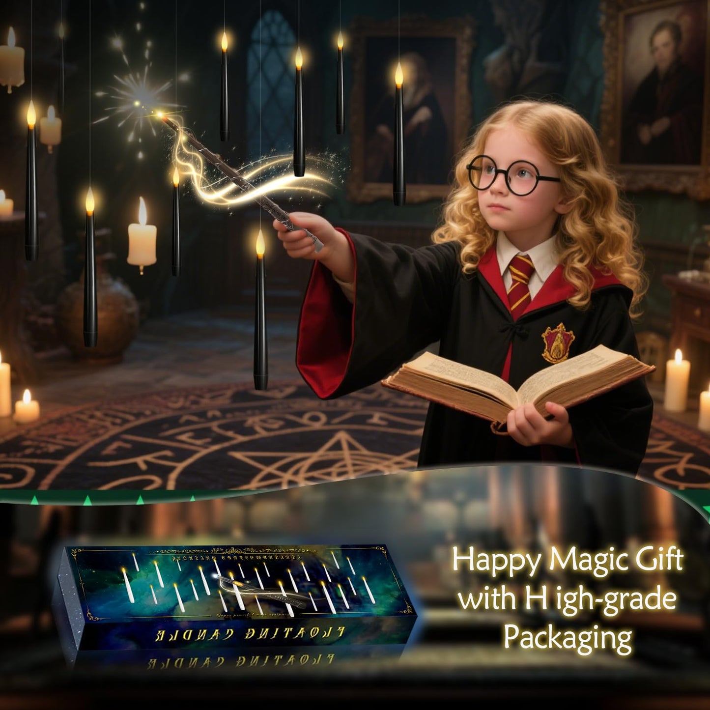 kakoya Flameless Floating Candles with Wand,12 Pcs Magic LED Hanging Taper Candles,Flickering Battery Operated Taper Candle with Wand Remote for Halloween Decorations Best Gift(Black)