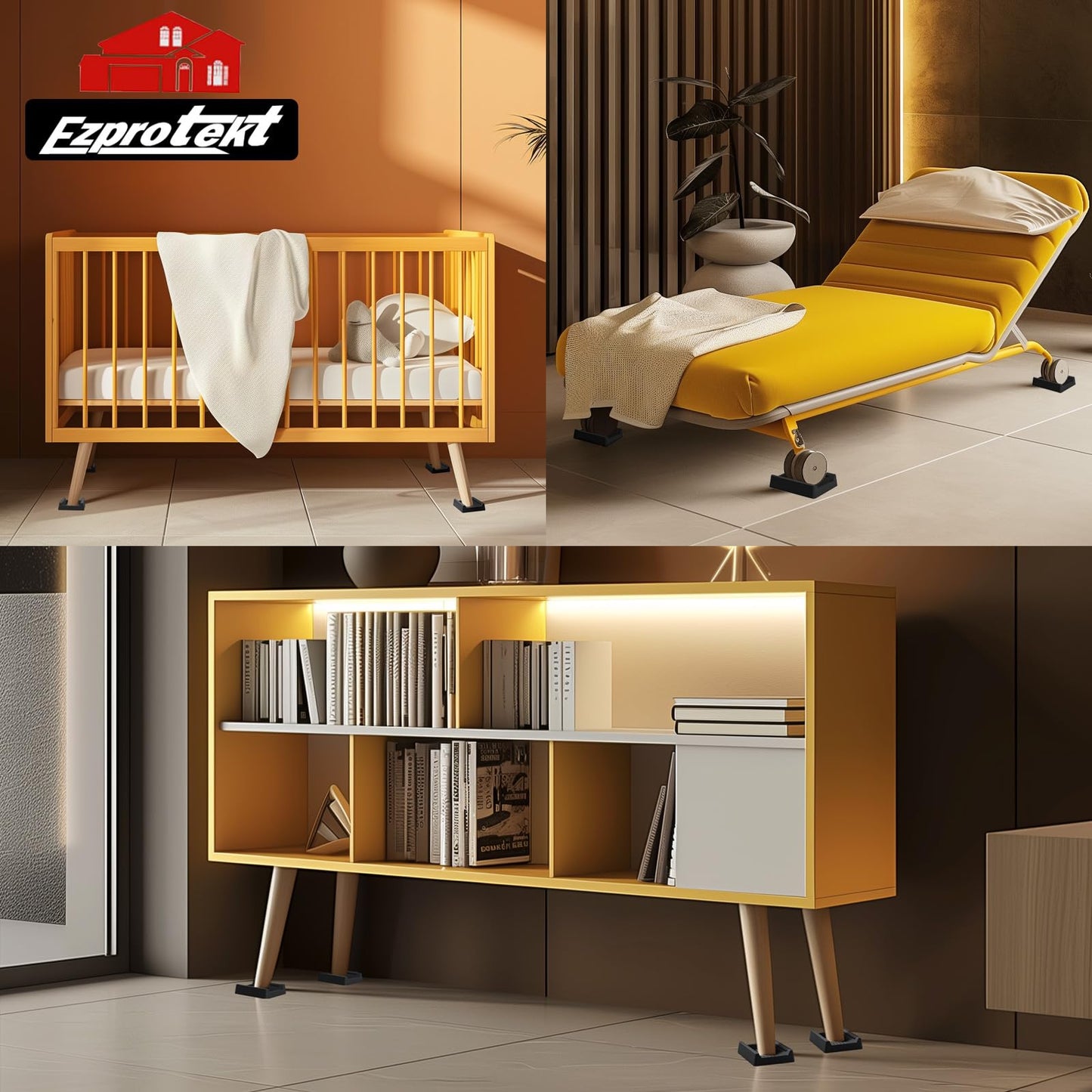 Ezprotekt 4 Pcs Non Slip Rectangle Furniture Caster Cups, 2.9" x 2.3" Silicone Non Skid Furniture Pads Coasters for Hardwoods Floors, Bed Couch Wheel Stoppers to Prevent Sliding (Black)