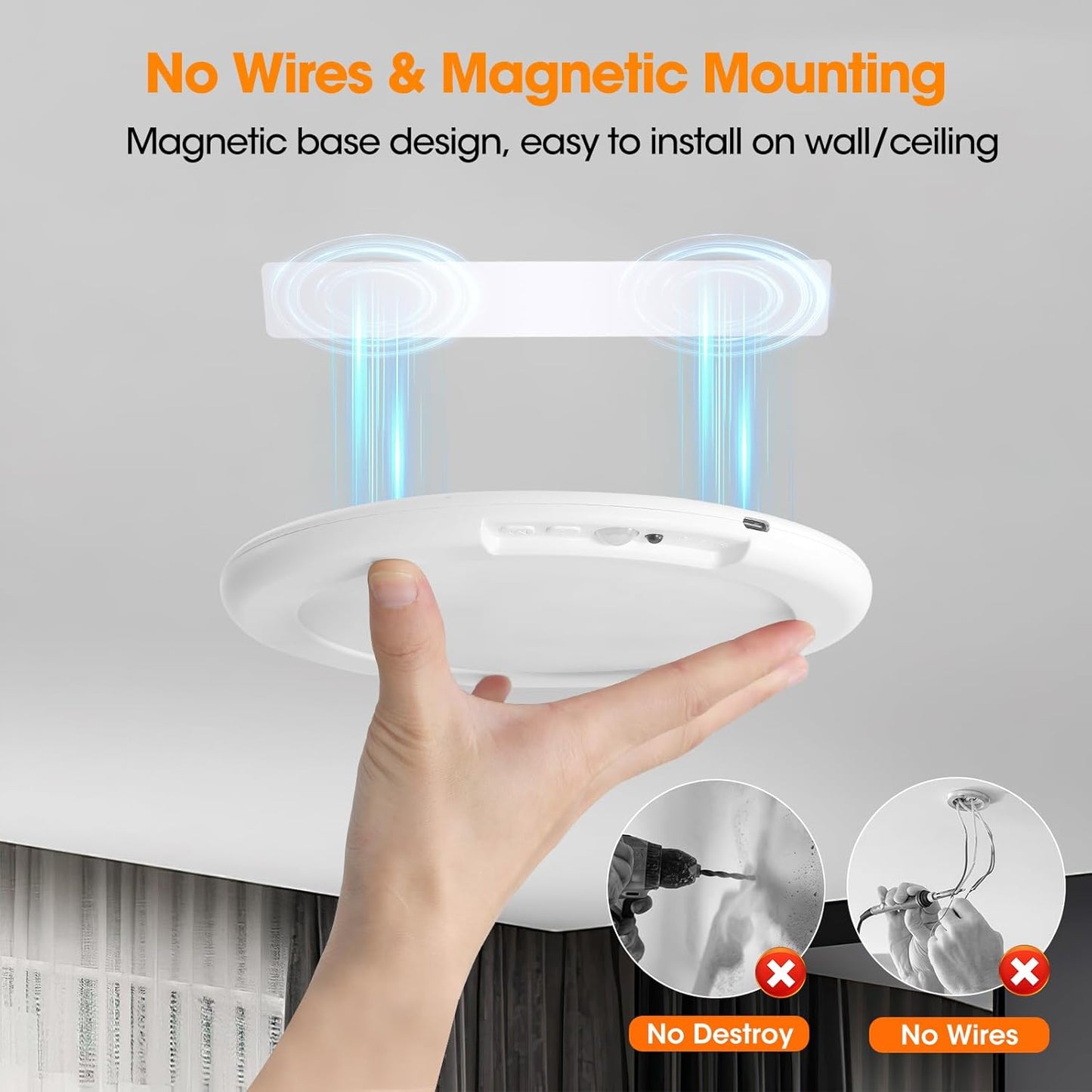 Rechargeable Motion Sensor Ceiling Light - 2 Pack Wireless Battery-Powered with Remote for Closet, Shower, Stairs, and Hallway