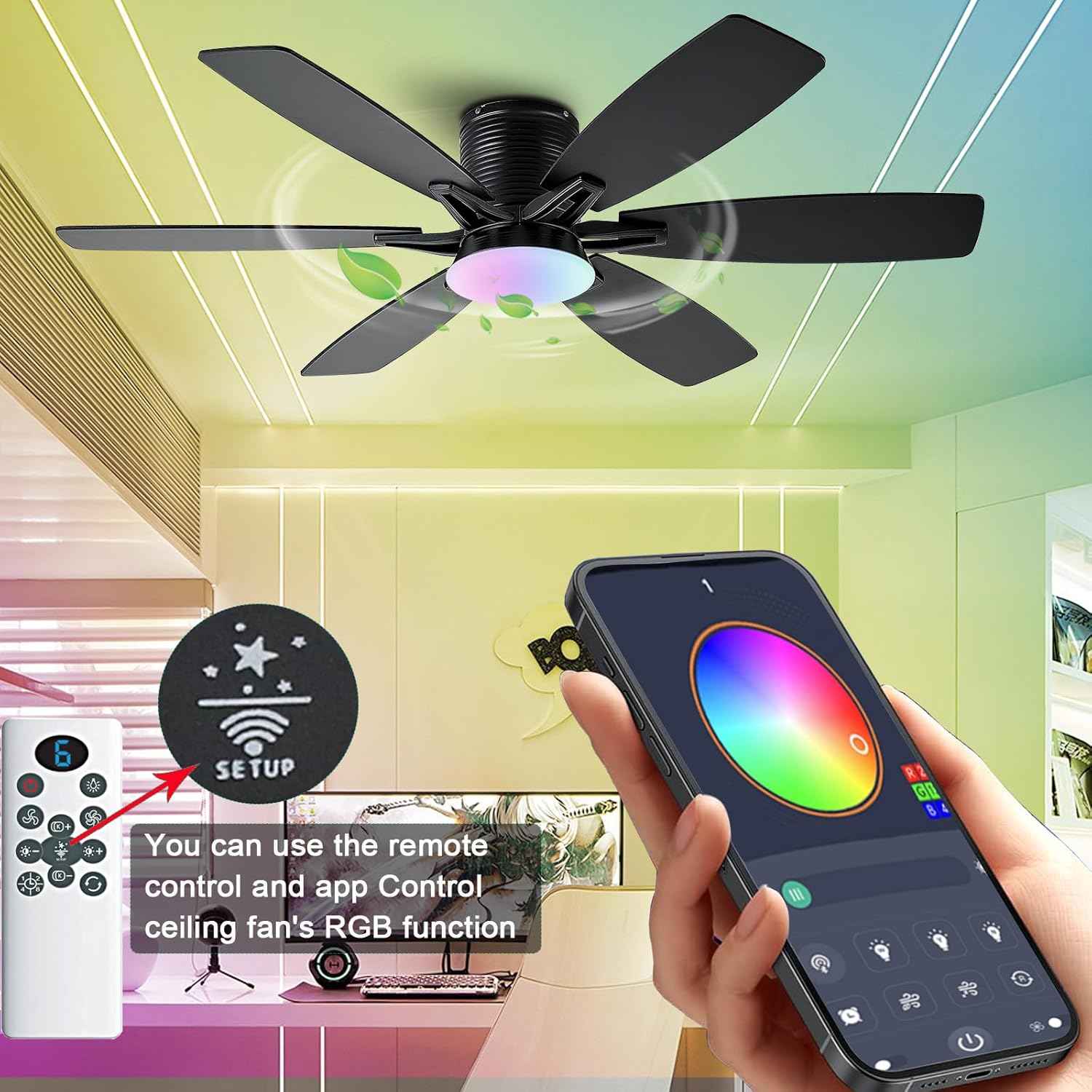 52-Inch Black Ceiling Fan with Lights & Remote Control - Modern Low Profile LED/RGB Dimmable Flush Mount for Bedroom