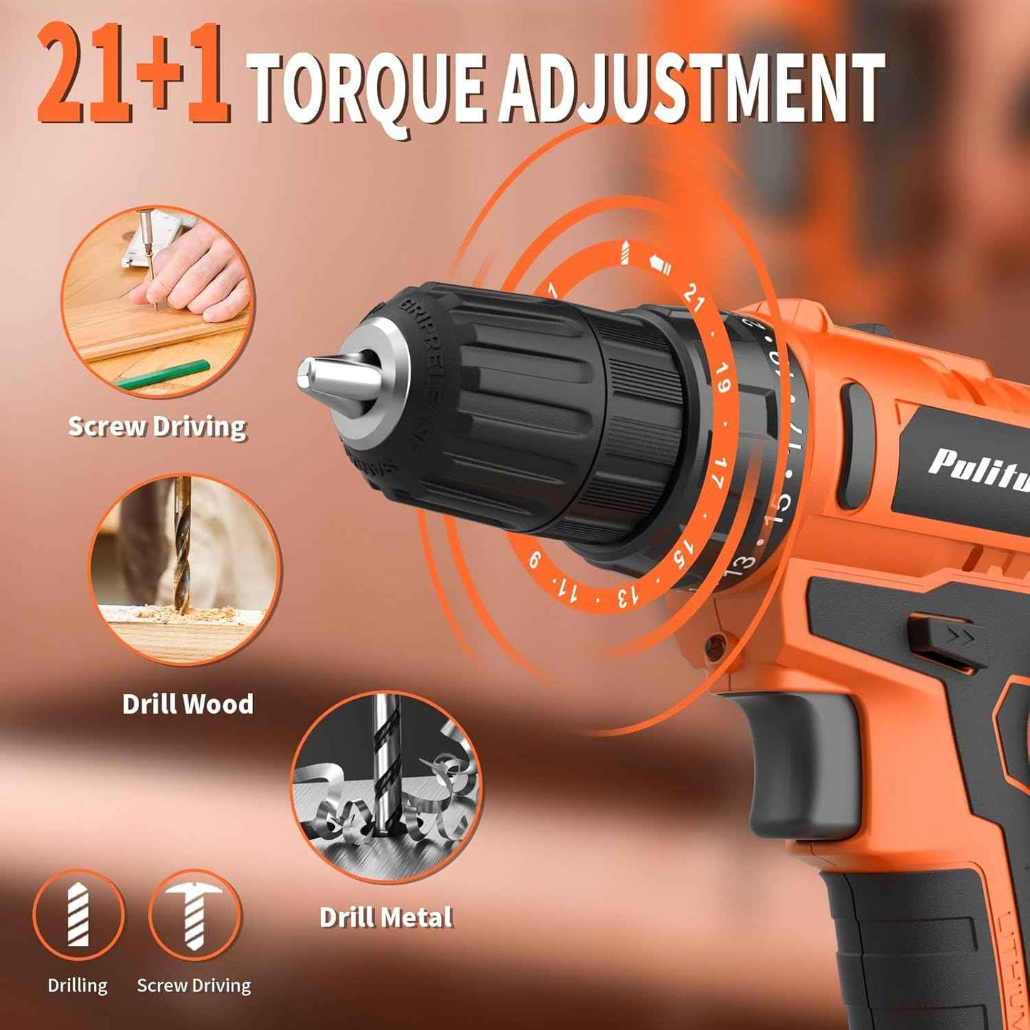 PULITUO'S 20V Cordless Drill/Driver, Electric Screwdriver - 2 Batteries, 30Nm, 21+1 Torque, 2 Speed, Keyless 3/8" Chase Drill with LED Light, Kit for Home (Green)