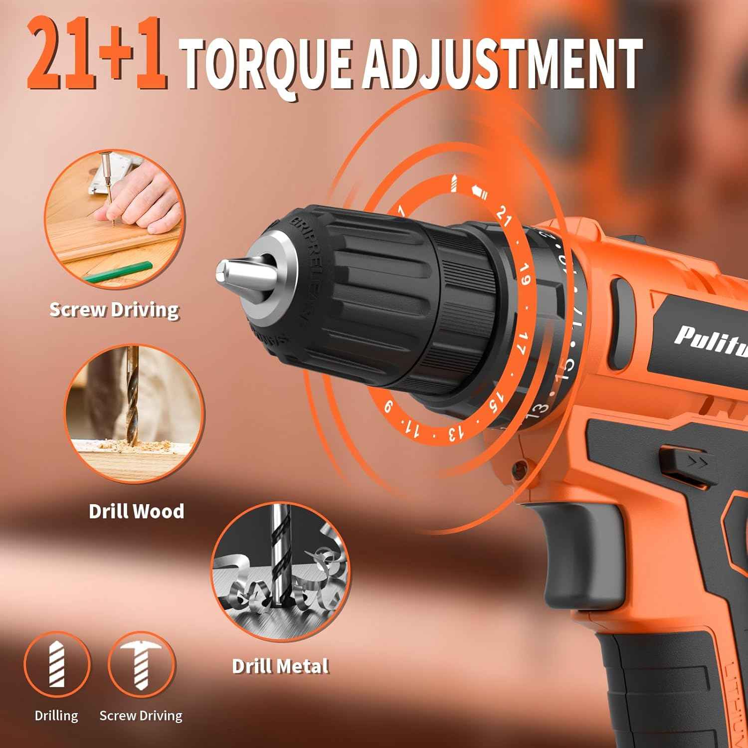 PULITUO'S 20V Cordless Drill/Driver, Electric Screwdriver - 2 Batteries, 30Nm, 21+1 Torque, 2 Speed, Keyless 3/8" Chase Drill with LED Light, Kit for Home (Green)