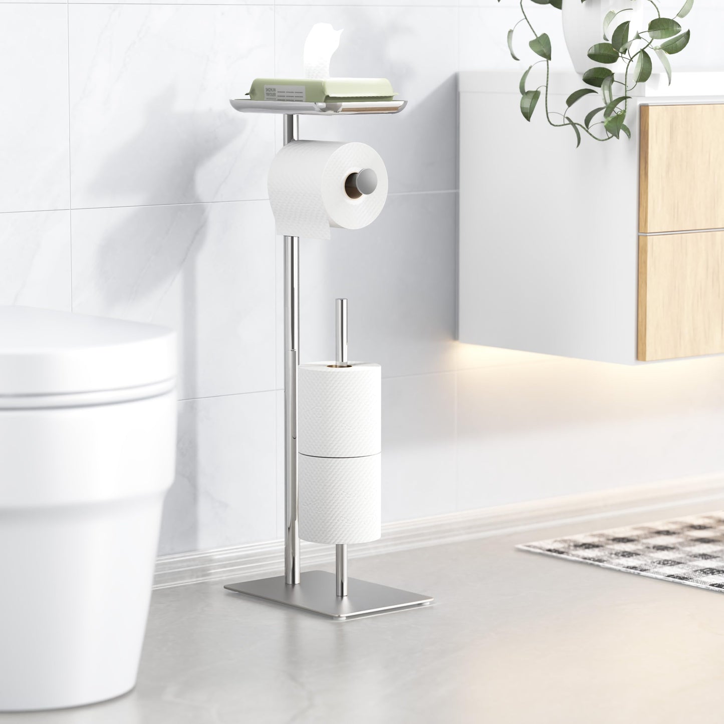 Toilet Paper Holder Stand with Top Storage Shelf, Free Standing Toilet Roll Dispenser for Bathroom, Holds 4 Reserve Rolls