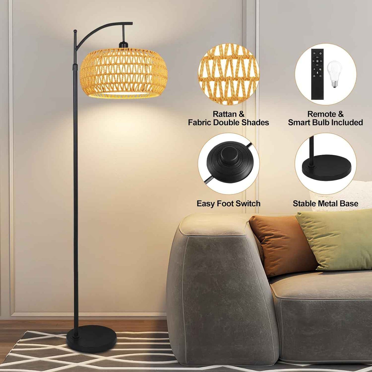 Boho Gold Floor Lamp with Remote Control | Dimmable Rattan & Wicker Design for Living Room