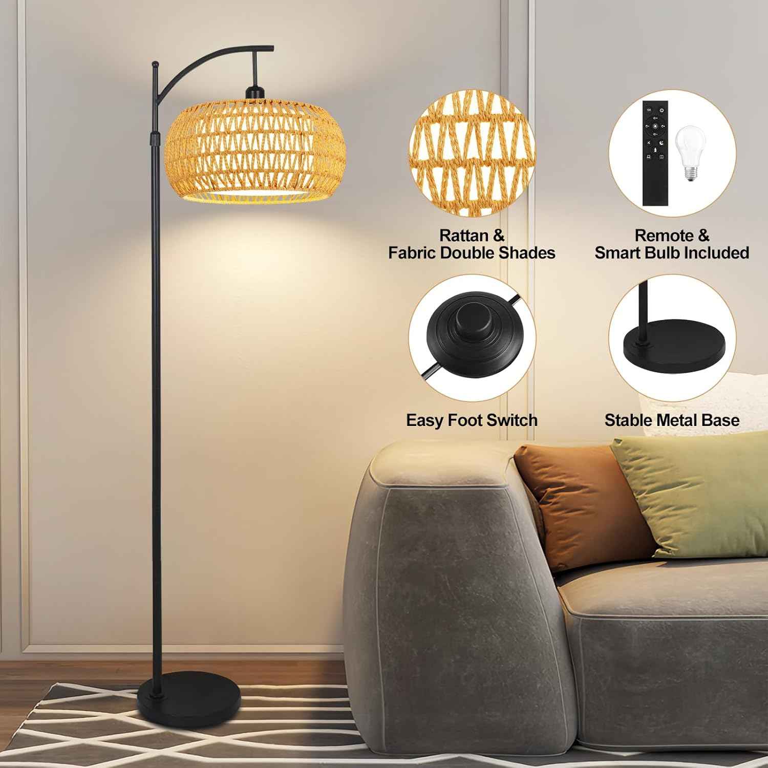 Boho Gold Floor Lamp with Remote Control | Dimmable Rattan & Wicker Design for Living Room