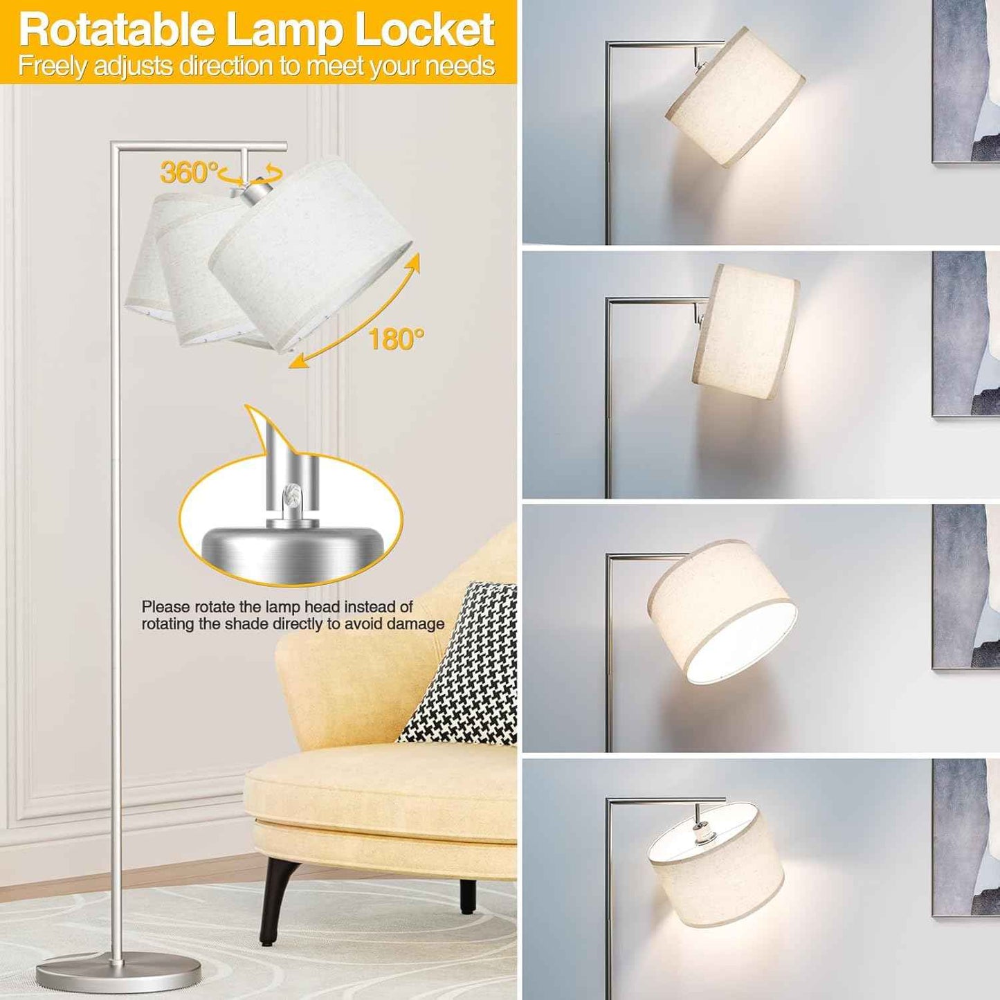 Adjustable Black Floor Lamp for Living Room - 3 Color Temperatures & Beige Linen Shade
