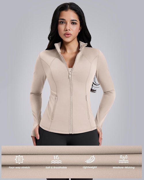 AVGO Women's Workout Jacket - Lightweight Athletic Zip-Up with Pockets & Thumb Holes | Slim Fit Running Top
