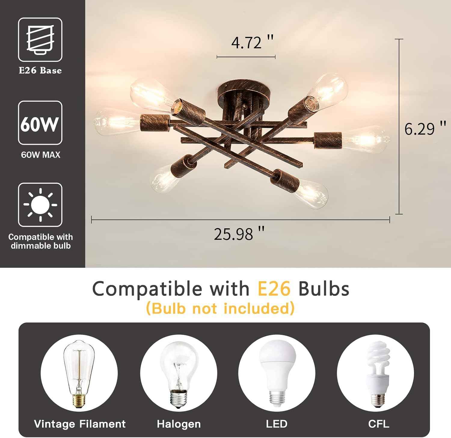 Gold Modern 6-Light Semi Flush Mount Ceiling Light Fixture - Vintage Sputnik Chandelier for Kitchen, Dining & Living Room