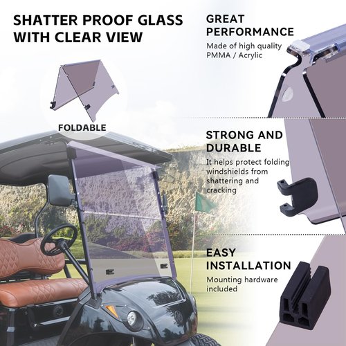 VPAHub Flip Flop Compact Golf Cart Windshield for YAMAHA DRIVE 2, Tinted Color, 3/16" Thickness, Fits YAMAHA DRIVE 2 2017+ Models