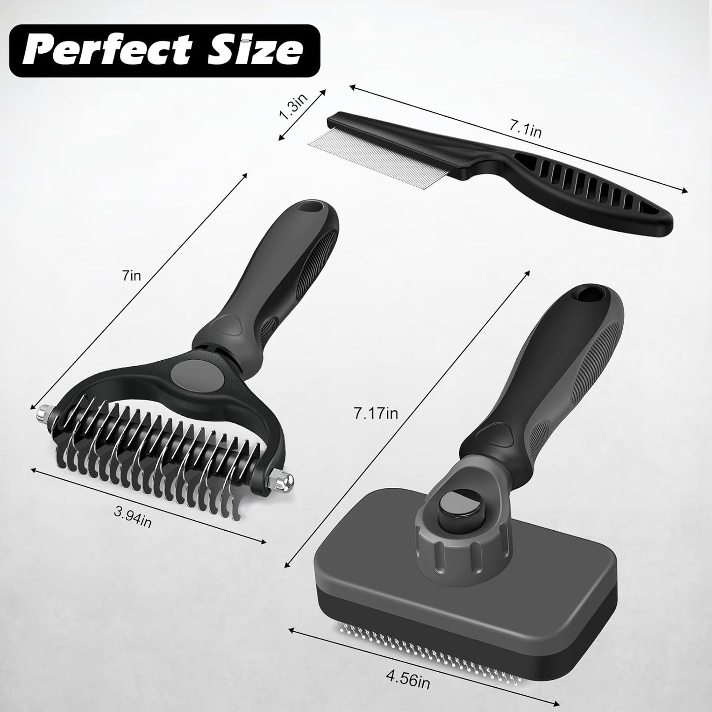 Skiennix Self-Cleaning Slicker Brush Set - 3PCS Pet Grooming Tools for Dogs, Cats & Horses | Dematting Comb & Flea Comb in Gray