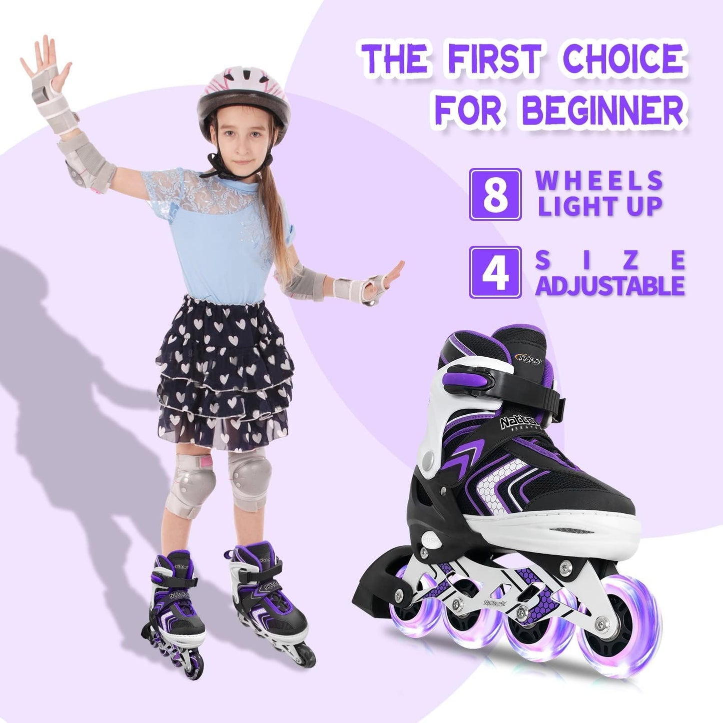Adjustable Inline Skates for Girls, Girls Roller Skates with All Light up Wheels for Big Kids, Purple, Size 1 2 3 4