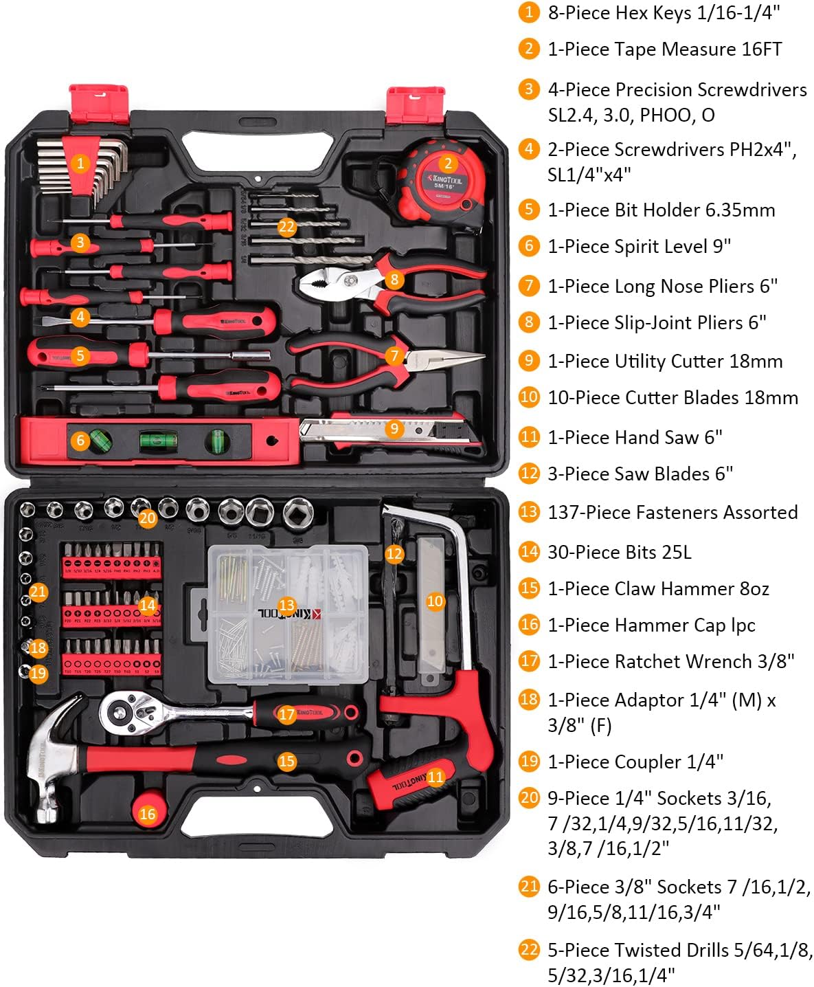 149-Piece KingTool Home Repair Tool Kit - Complete Mechanic Set with Toolbox for Home, Office & College