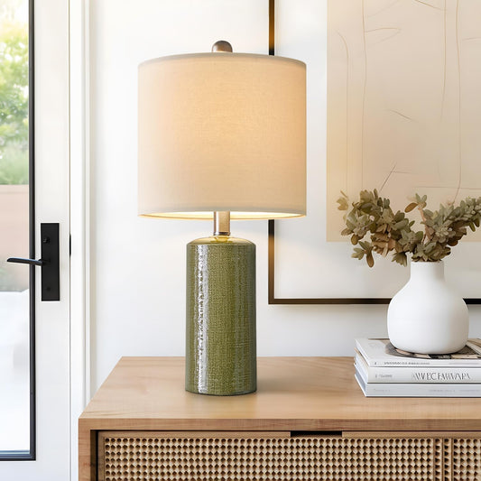 Modern Green Ceramic Table Lamp - 20.25” Nightstand & Bedside Lamp for Bedroom & Living Room