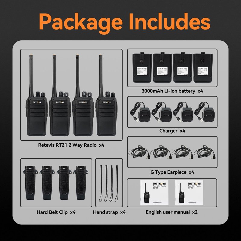 Retevis RT21 Updated 3000mAh Two Way Radios Long Range,Walkie Talkies with Earpiece,SOS Alarm,16CH,Portable 2 Way Radios for Security Cruise Camping Events(4 Pack)