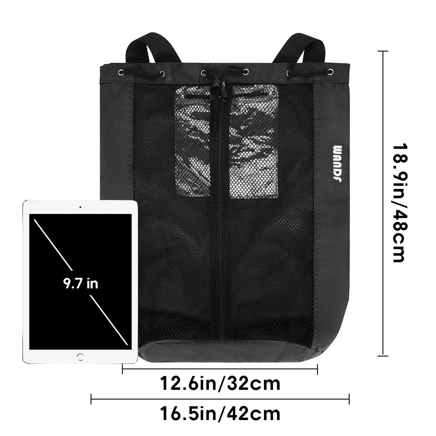 WANDF Swim Bag for Swimmers, Mesh Beach Backpack (M,Black)