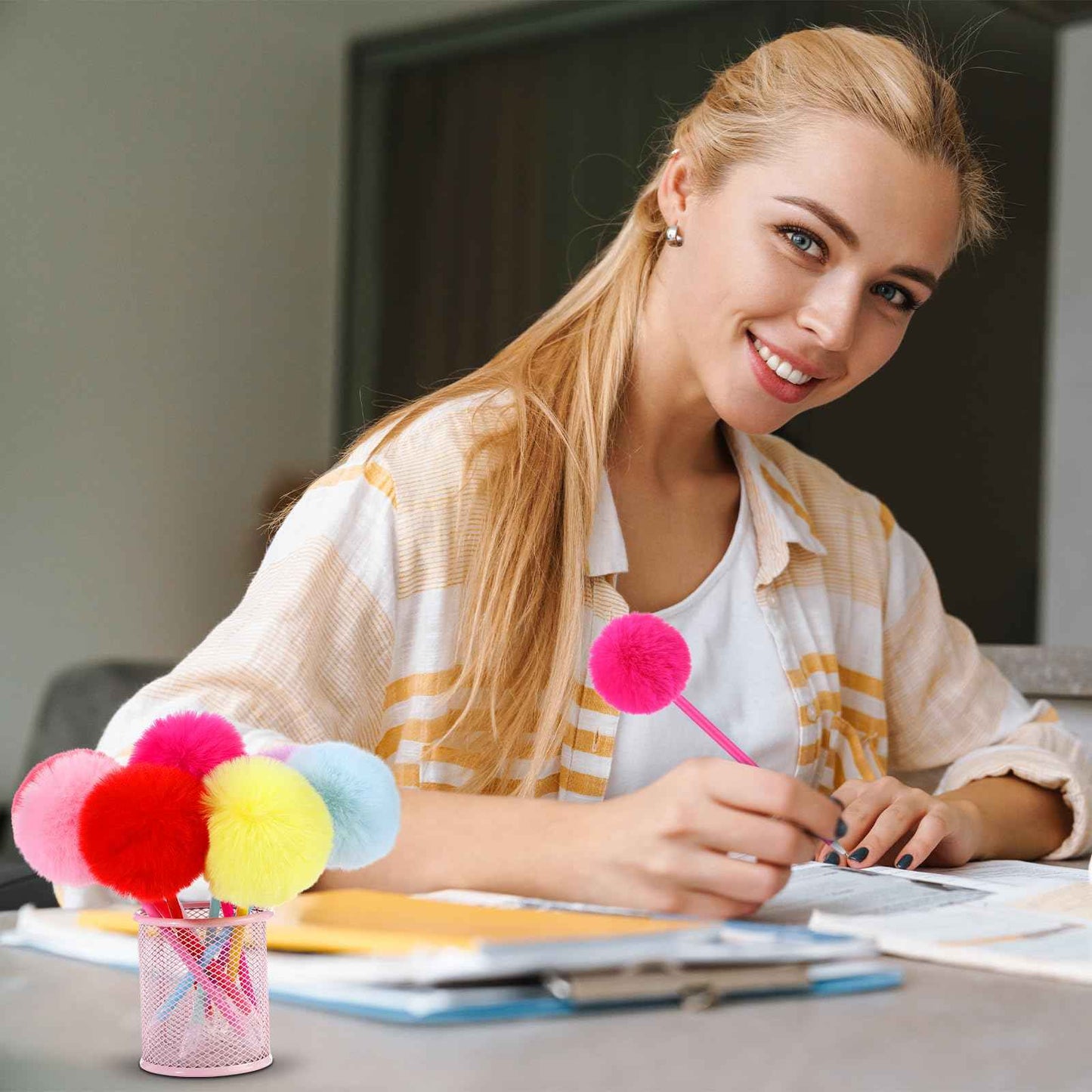 Epakh 84 Pcs Pompom Ballpoint Pen Fluffy Ball Cute Kawaii Plush Fuzzy Pen Black Gel Ink Macaron Color Ballpoint Pompom Gift for Office Women Coworkers (9 Colors)
