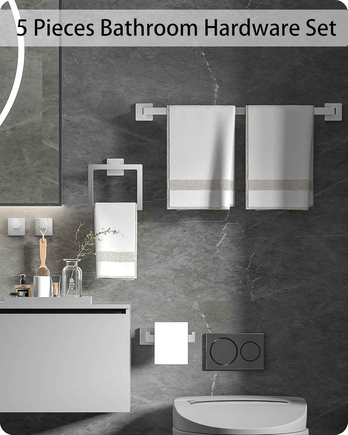 Brushed Nickel Bathroom Hardware Set - 10-Piece Towel Bar, Ring, Hook & Holder Kit