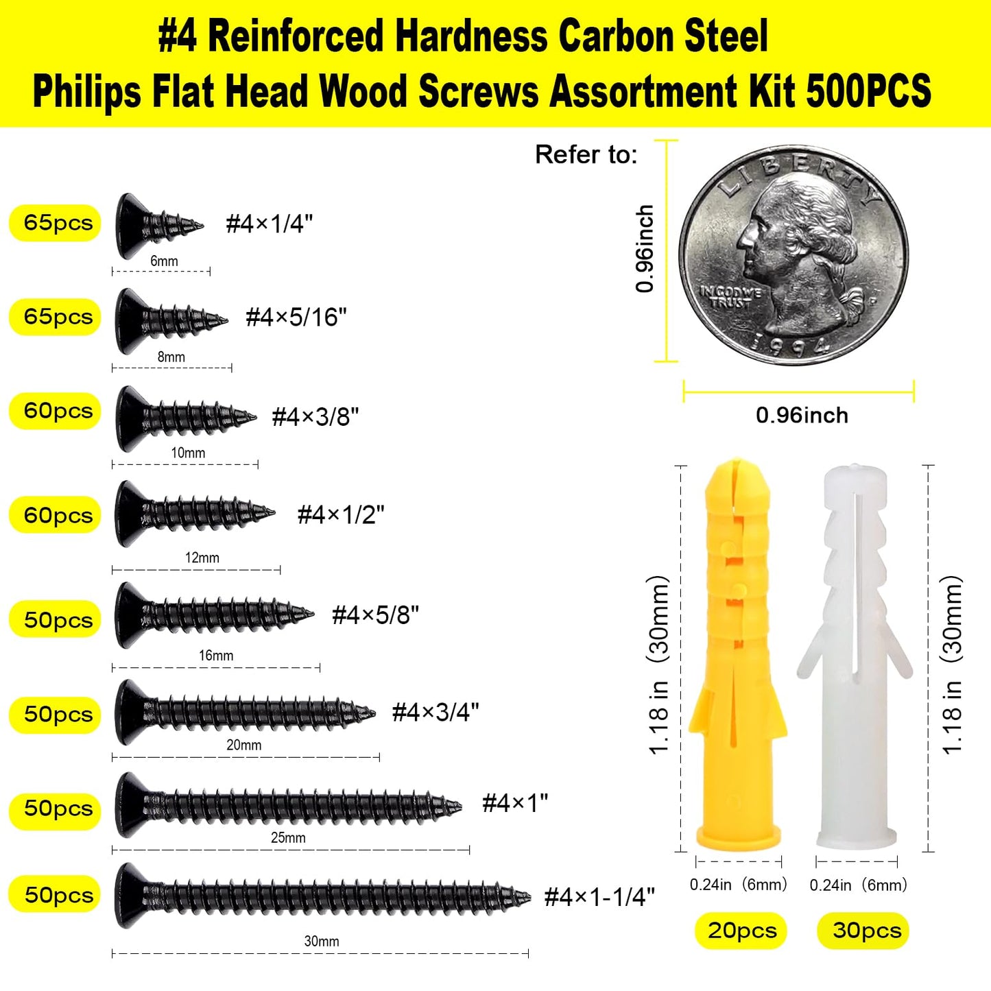 #4 Wood Screws Assortment Kit, Small Screws Set 500pcs, Short Cabinet Screw, Phillips Flat Head Self-Tapping Screw, Black Screws, Carbon Steel, Contains 50pcs M6 Screw Anchors