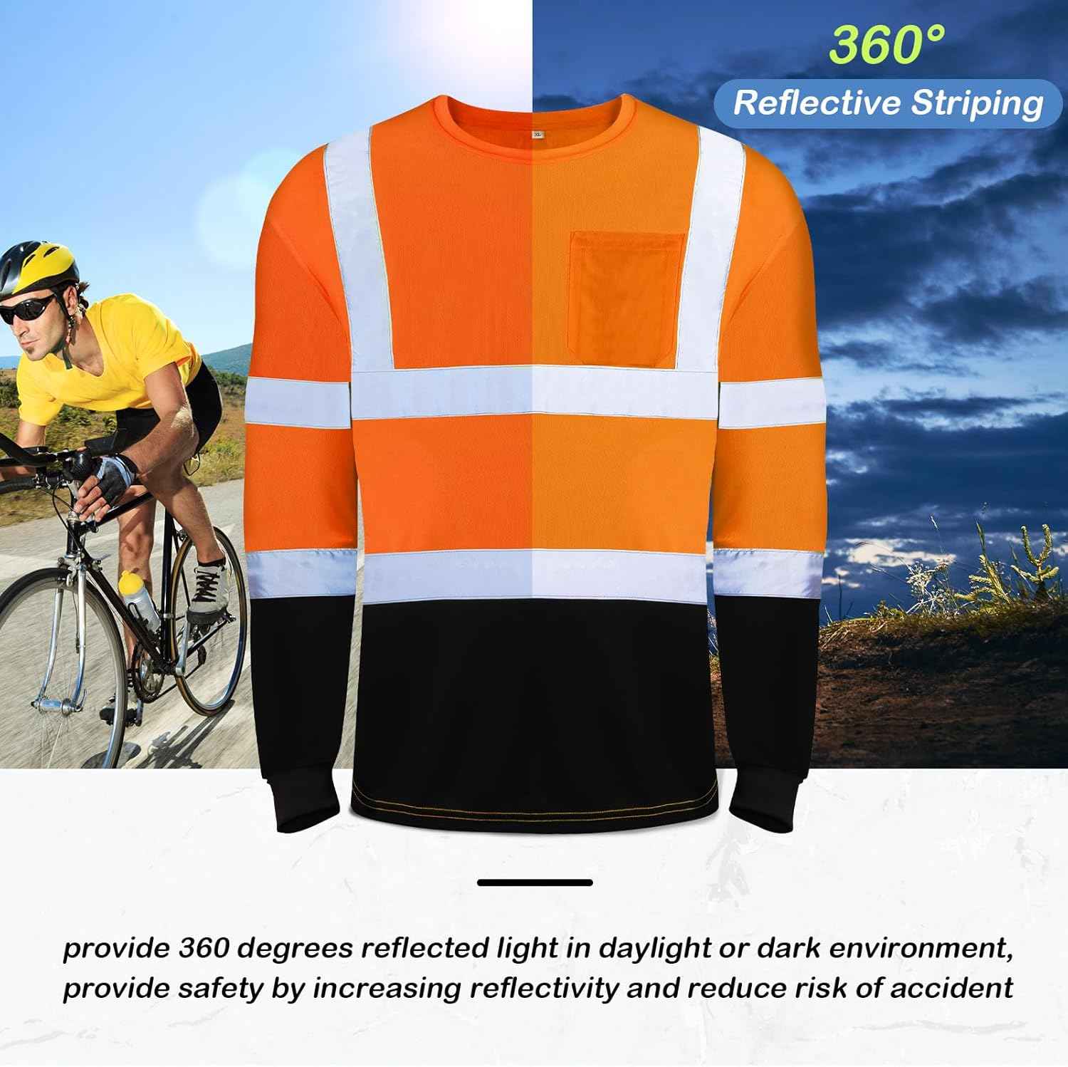 High Visibility Long Sleeve Safety Shirts - 6 Pack Class 3 Reflective Wicking Shirts with Pocket (Yellow)