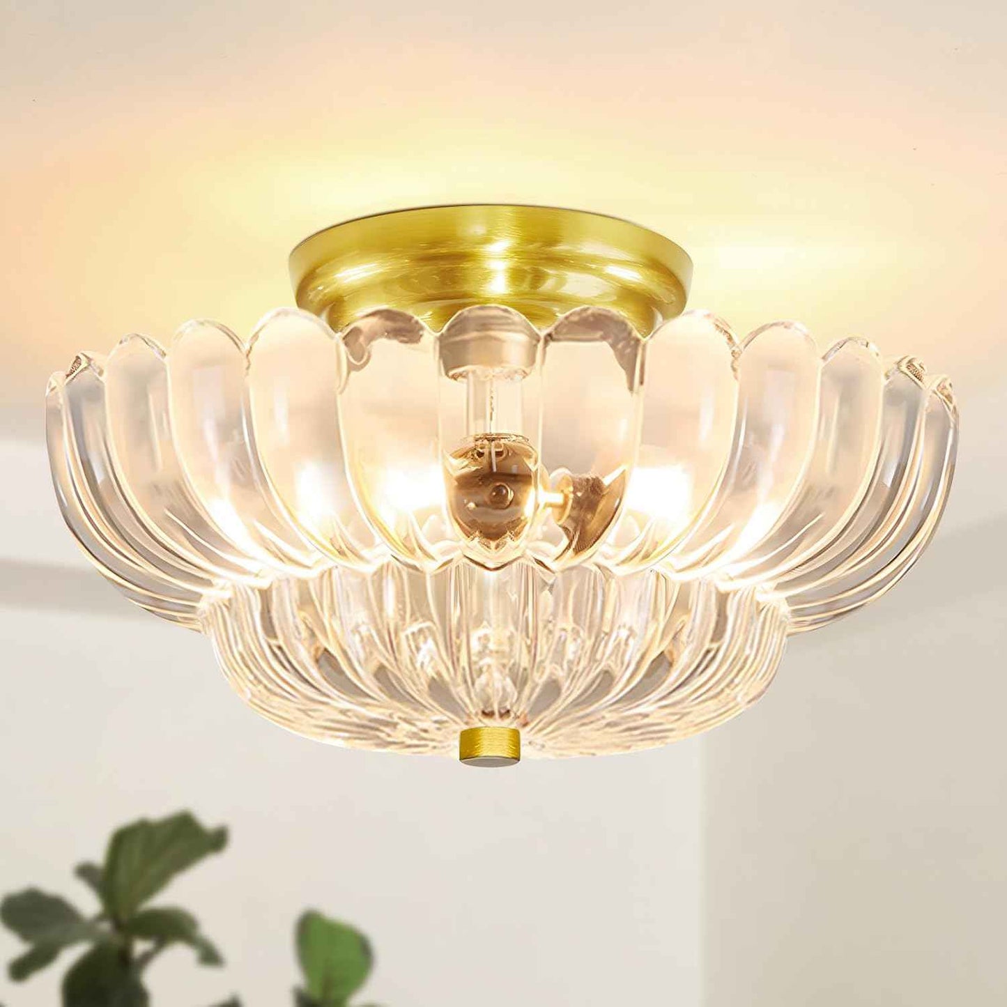 Modern Semi Flush Mount Ceiling Light Fixture with Brown Glass & Black Base - Ideal for Living Room, Kitchen, Bedroom, Hallway (Bulb Not Included)