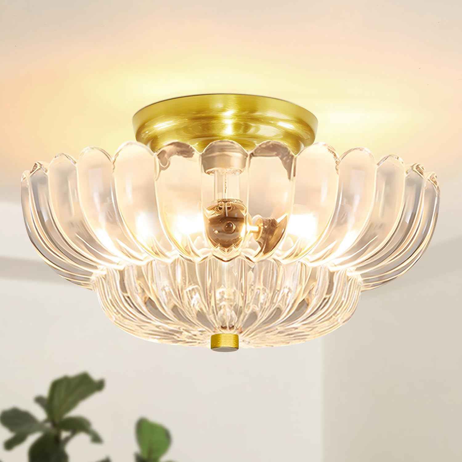 Modern Semi Flush Mount Ceiling Light Fixture with Brown Glass & Black Base - Ideal for Living Room, Kitchen, Bedroom, Hallway (Bulb Not Included)