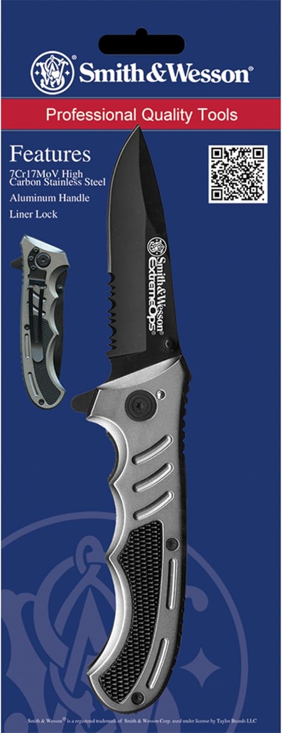 Smith & Wesson Folding Knife - 7.7in High Carbon Stainless Steel with 3.1in Tanto Blade | Black Aluminum Handle for Tactical & Outdoor Use