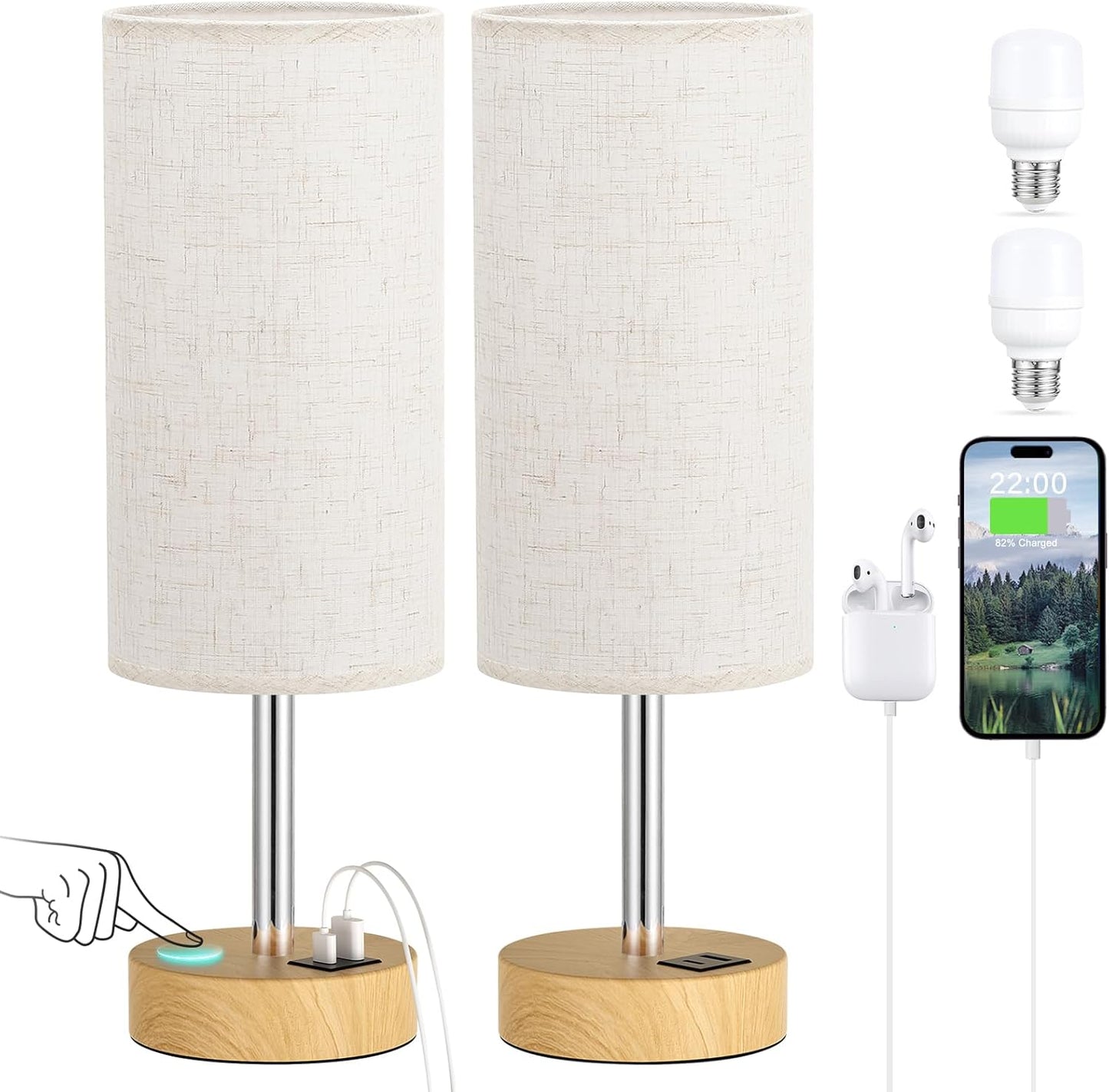 Touch Bedside Lamps Set of 2 - Dimmable Table Lamps with Wooden Charging Station for Bedroom & Kids Room