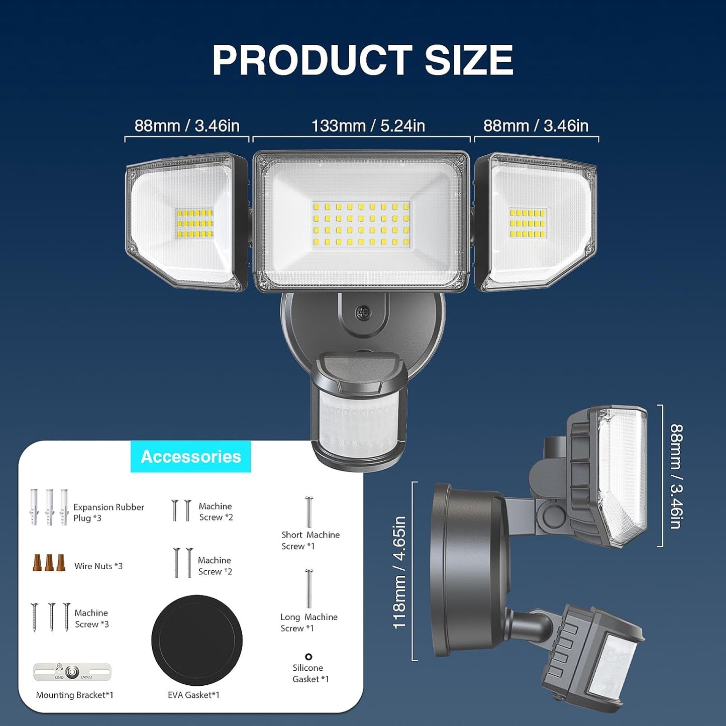 85W LED Motion Sensor Security Light - 8500LM Dusk to Dawn, 3-Head Waterproof Floodlight for Garage, Yard & Porch