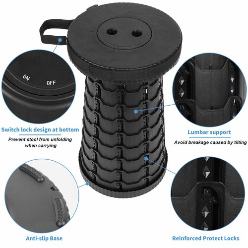 Tevaibo Collapsible Telescoping Portable Stool for Adults, Camping Stools, Upgraded Collapsible Folding Seats with Load Capacity 550lbs (Black)