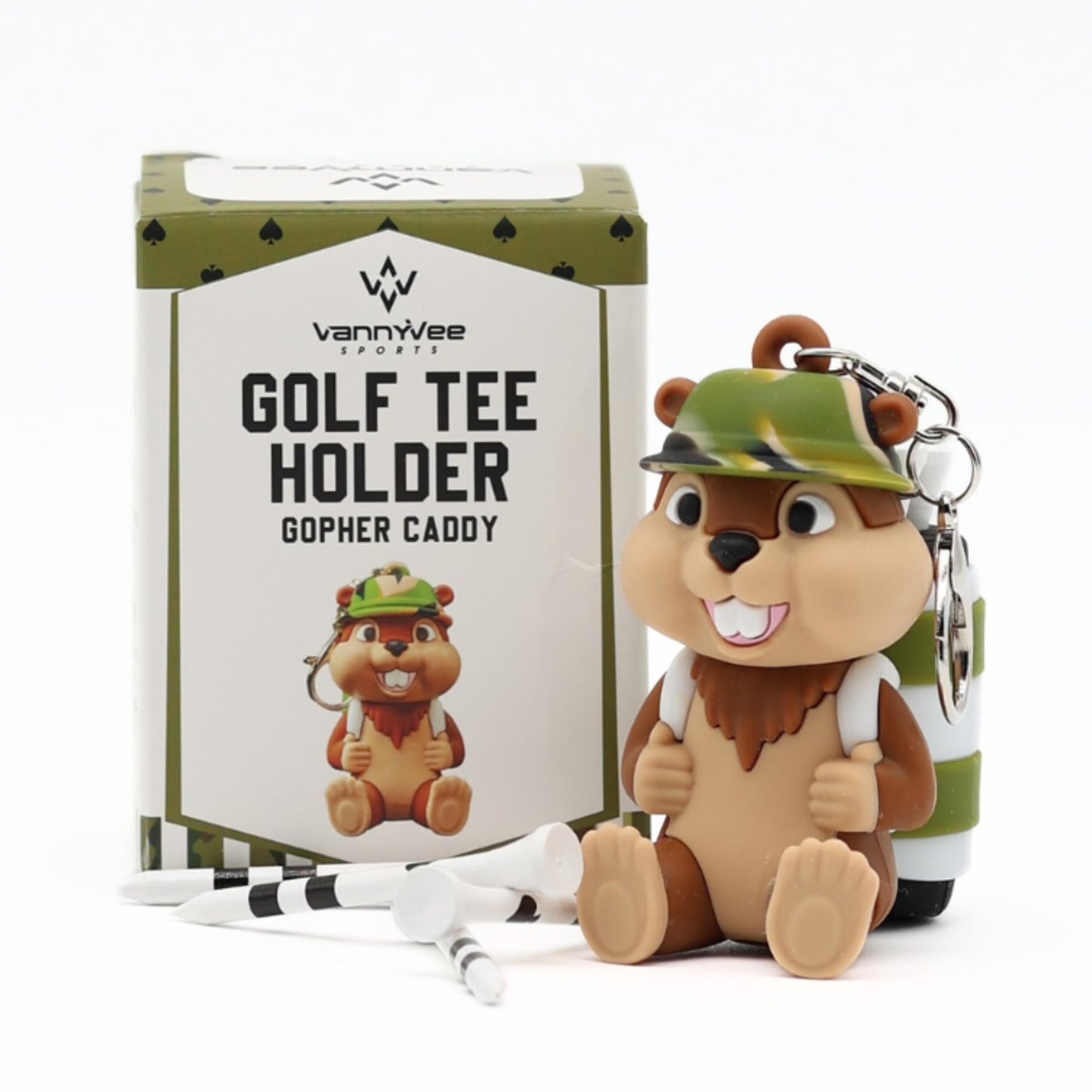 VannyVee Sports Animal Caddy Golf Tee Holder, Silicone Golf Bag Accessory, Holds 4 Tees, Includes 8 Golf Tees, Unisex Adult, (Gopher Caddy)