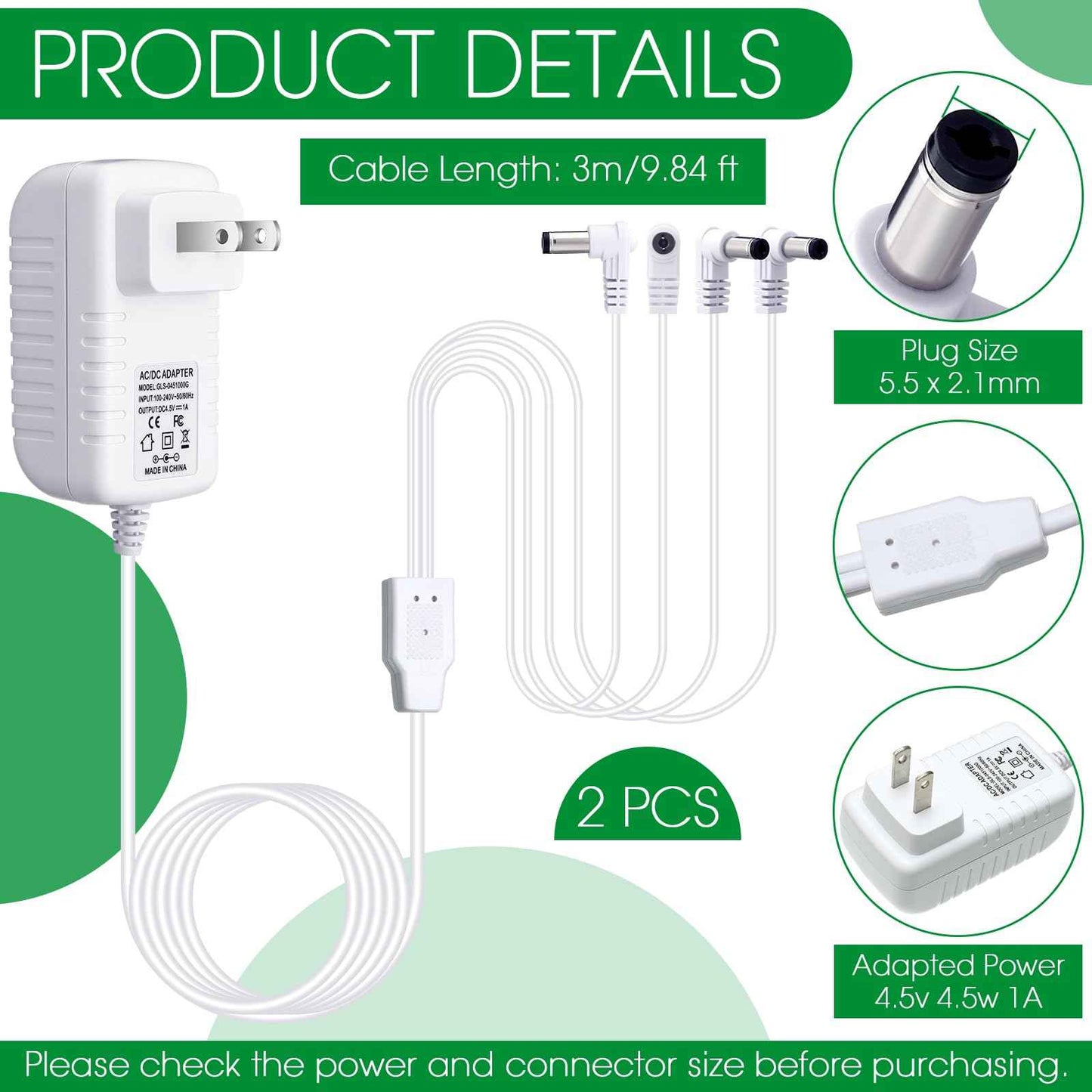 Umigy 2 Pcs 4.5v Power Adapter Compatible with Lemax Lighted Accessory Ac Dc Power Adapter for Christmas Halloween Village Lights Micro Lighting Building Decoration, White (4 Output, Bend)