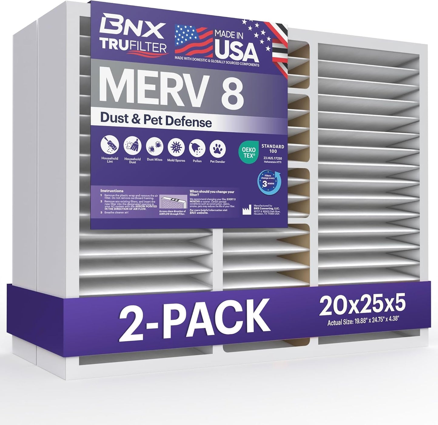 BNX TruFilter 12x12x1 MERV 8 Air Filters (6-Pack) - USA-Made Dust & Pet Defense for HVAC