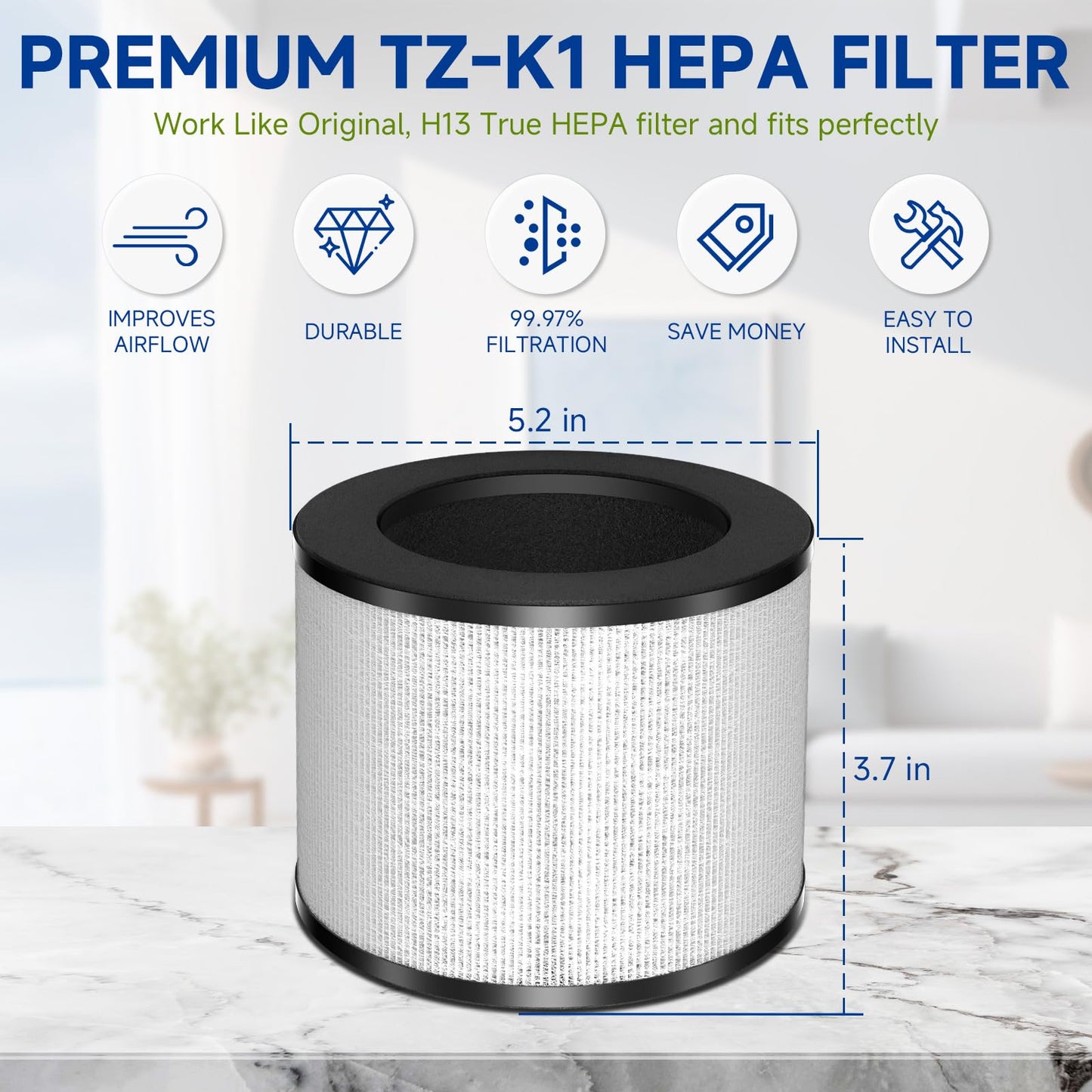 TZ-K1 Replacement Filter Compatible with ToLife TZ-K1 Filter, with FreAire KN6391, with Aroeve MK01 MK06 MG01JH Filter, 3-in-1 H13 HEPA Filter 360° Rotating, Activated Carbon and Pre-filter, 3 Pack