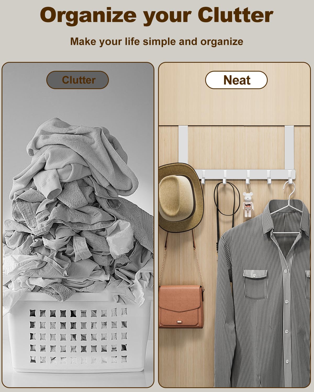 Peasulin Over The Door Hooks, Sturdy Door Hanger, Large Over The Door Towel Rack with 6 Hooks, Heavy Duty Easy to Install, for Bathroom, Bedroom,Kitchen,Hanging Towels, Coats (White).