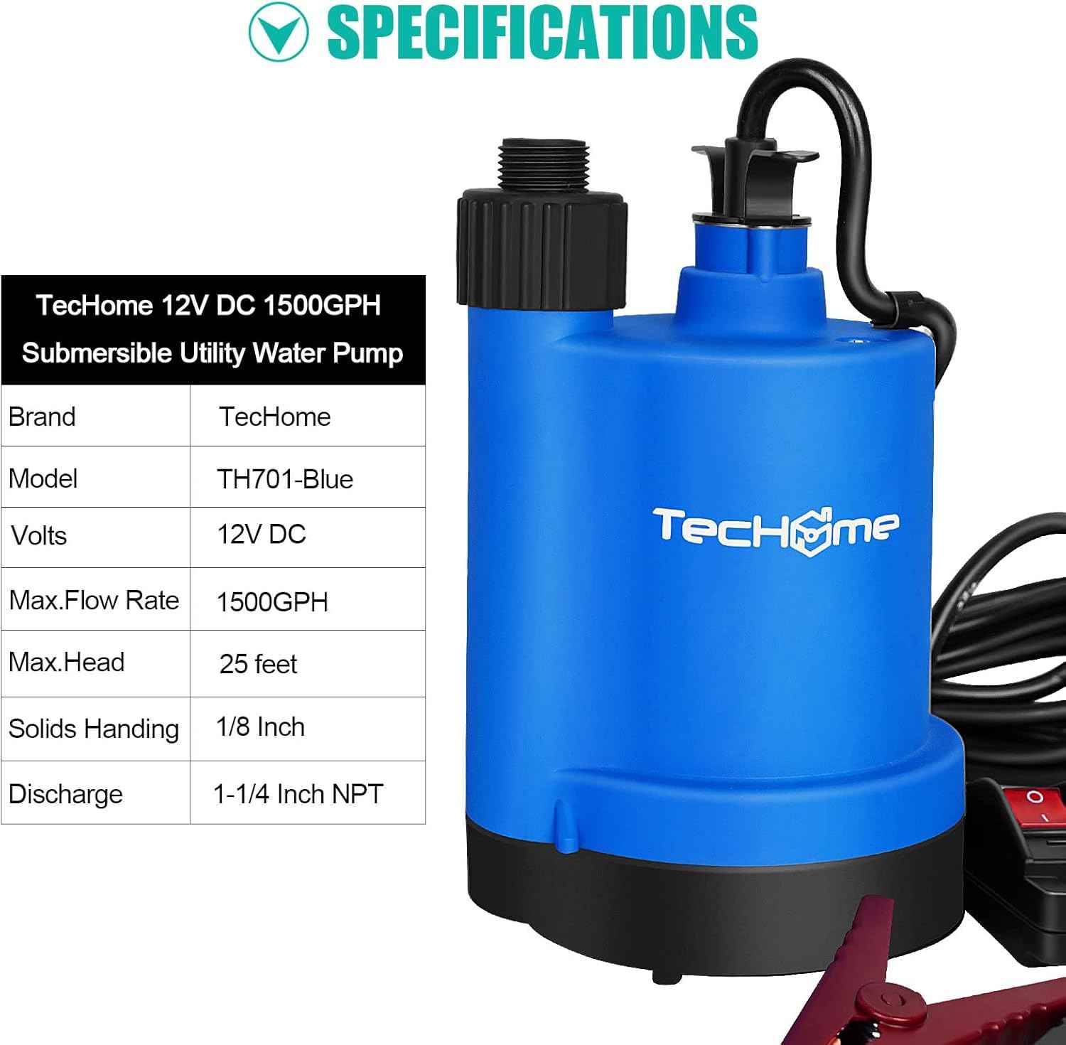 1500GPH Submersible Water Transfer Pump - 12V Sump Pump with 20ft Power Cord
