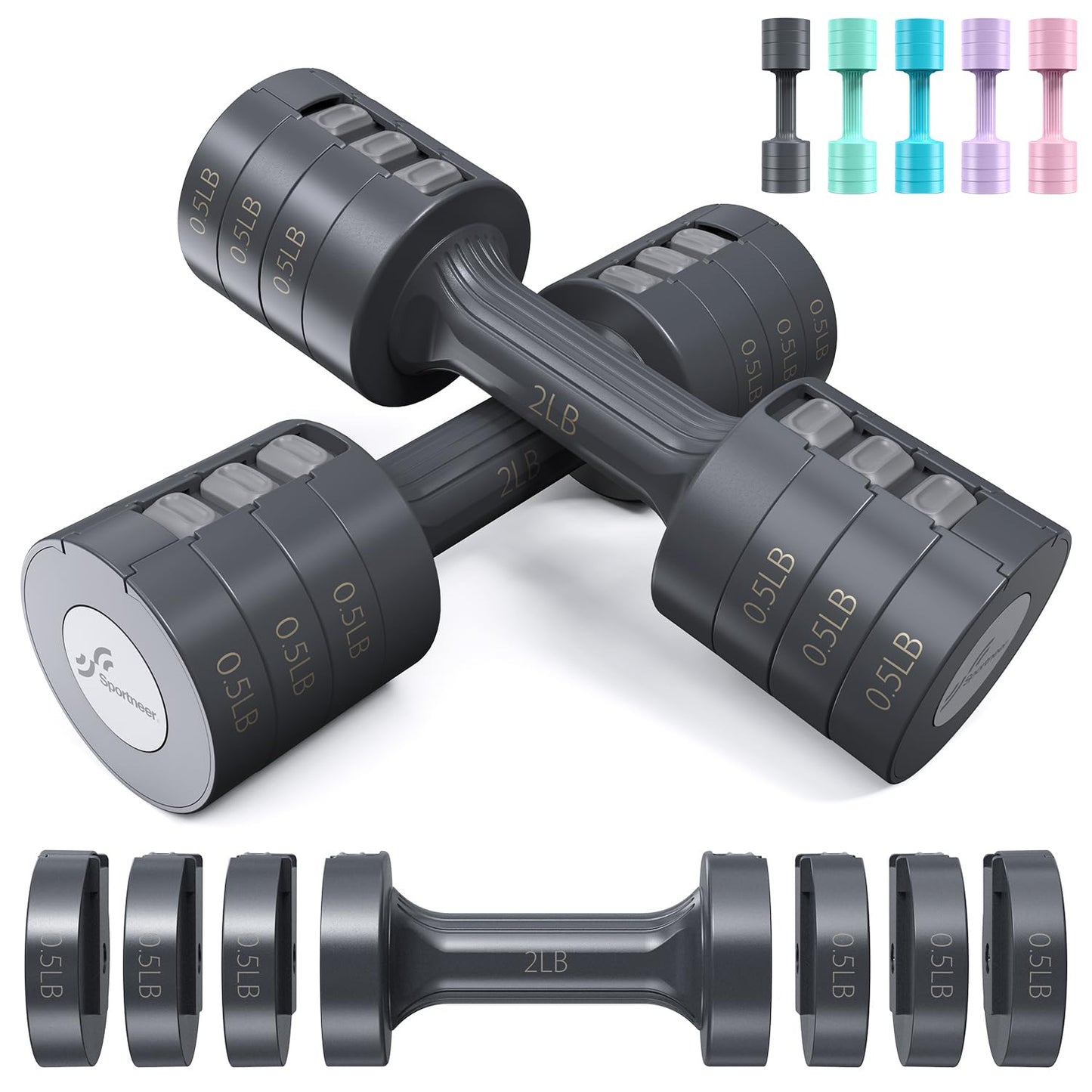 Sportneer - Adjustable Hand Weights Set - 5 lbs dumbbells, 2 pieces each 2 lbs, 3 lbs, 4 lbs, 5 lbs, free weights, quick adjustable dumbbell set for women and