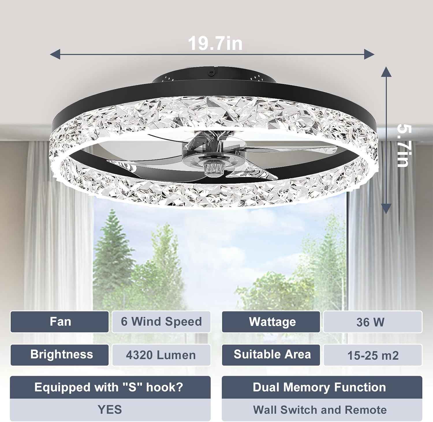 Modern Bladeless Ceiling Fan with Light & Remote - 15.7in Low Profile Fandelier, Dimmable 3000K-6500K for Bedroom