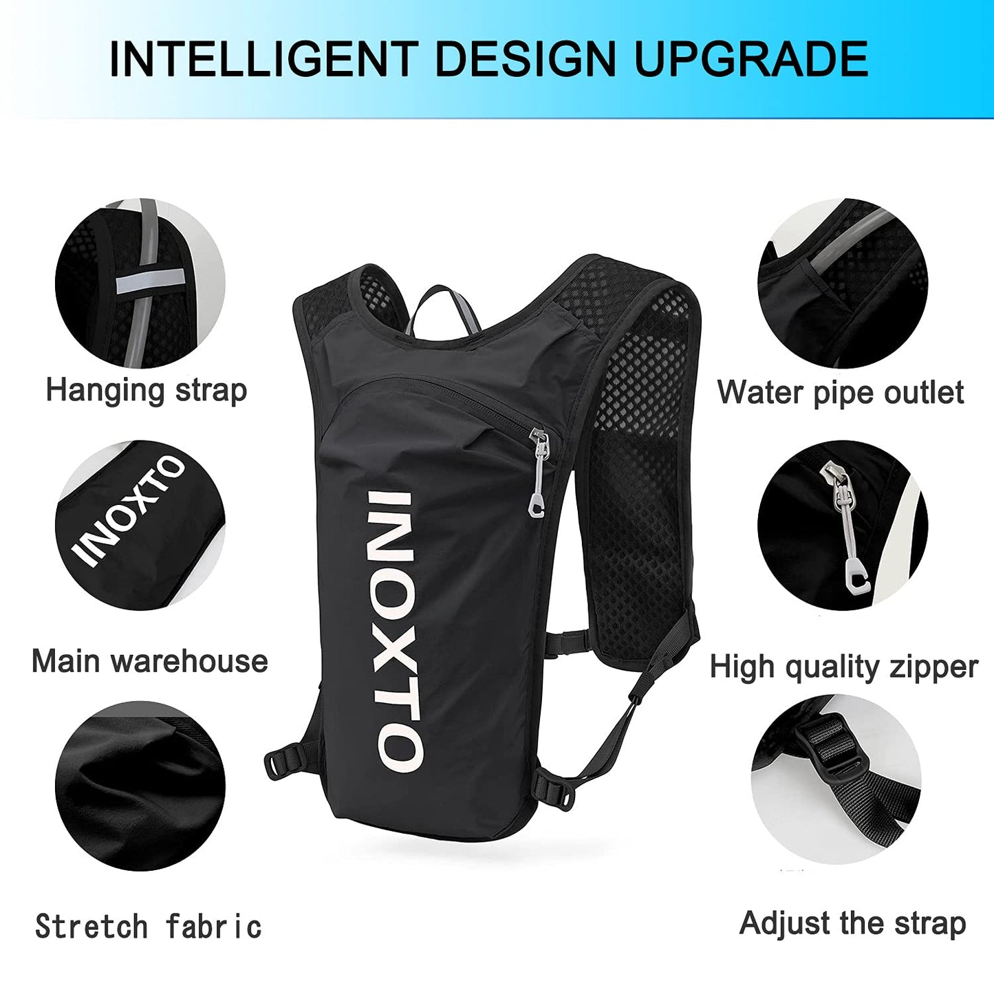 INOXTO Running Hydration Vest Backpack,Lightweight Insulated Pack with 1.5L Water Bladder Bag Daypack for Hiking Trail Running Cycling Race Marathon for Women Men (Black)