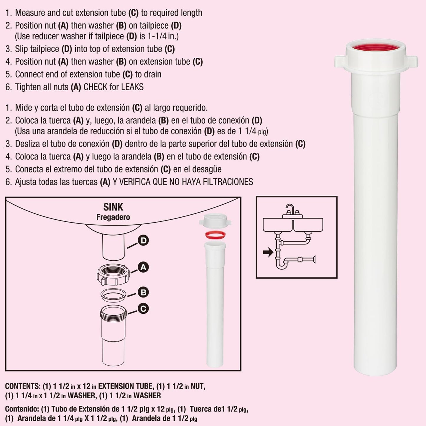(1 Pack) Yariwiz White Sink Drain Extension Thread Pipe1 1/2 Inch x 12 inch Length for Kitchen Sink Drain Pipe Tubular KSD-005W