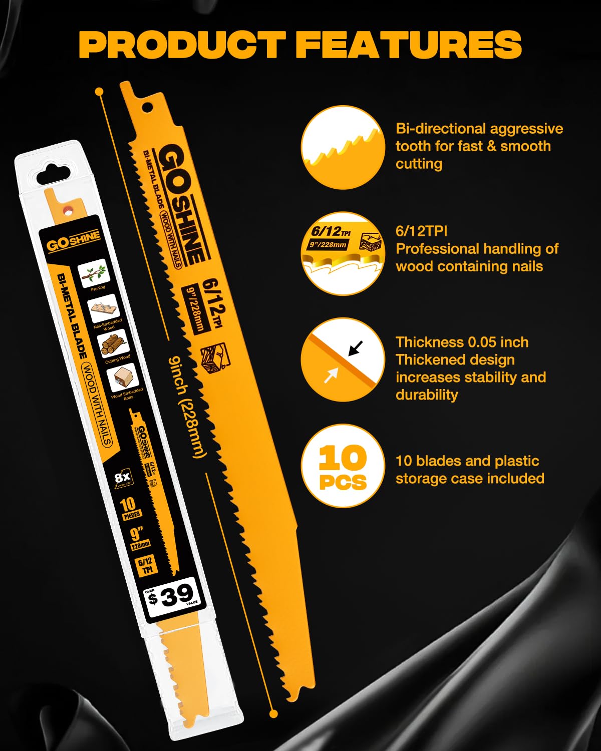 10 Pack 9 Inch 6/12 TPI Reciprocating Saw Blades for Nail-Embedded Wood,Bi-Metal Blades for Cutting Stud and Nail PVC Pallets etc