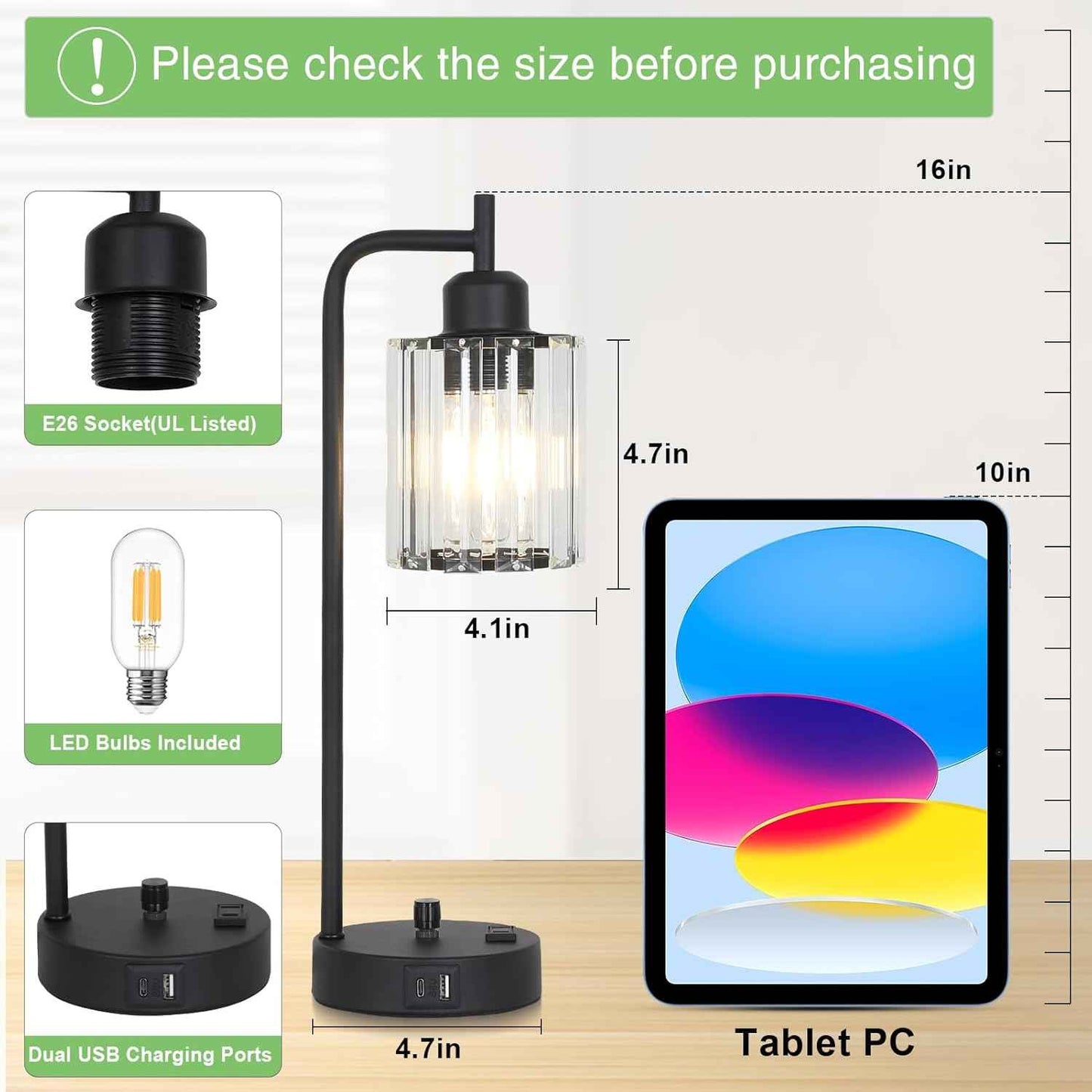 Modern Gold Crystal Table Lamps Set of 2 with LED Bulbs & USB Port - Elegant Bedside Lighting