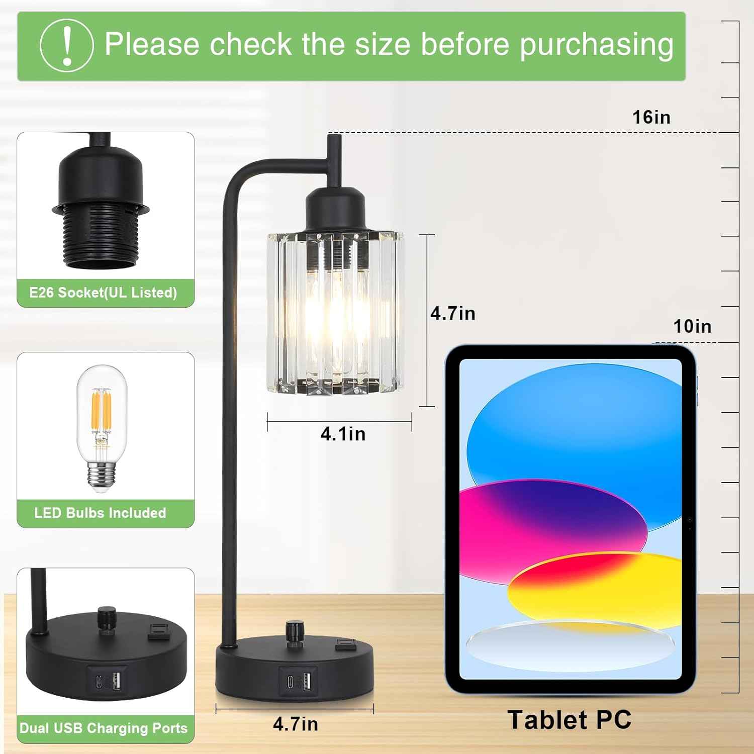 Modern Gold Crystal Table Lamps Set of 2 with LED Bulbs & USB Port - Elegant Bedside Lighting
