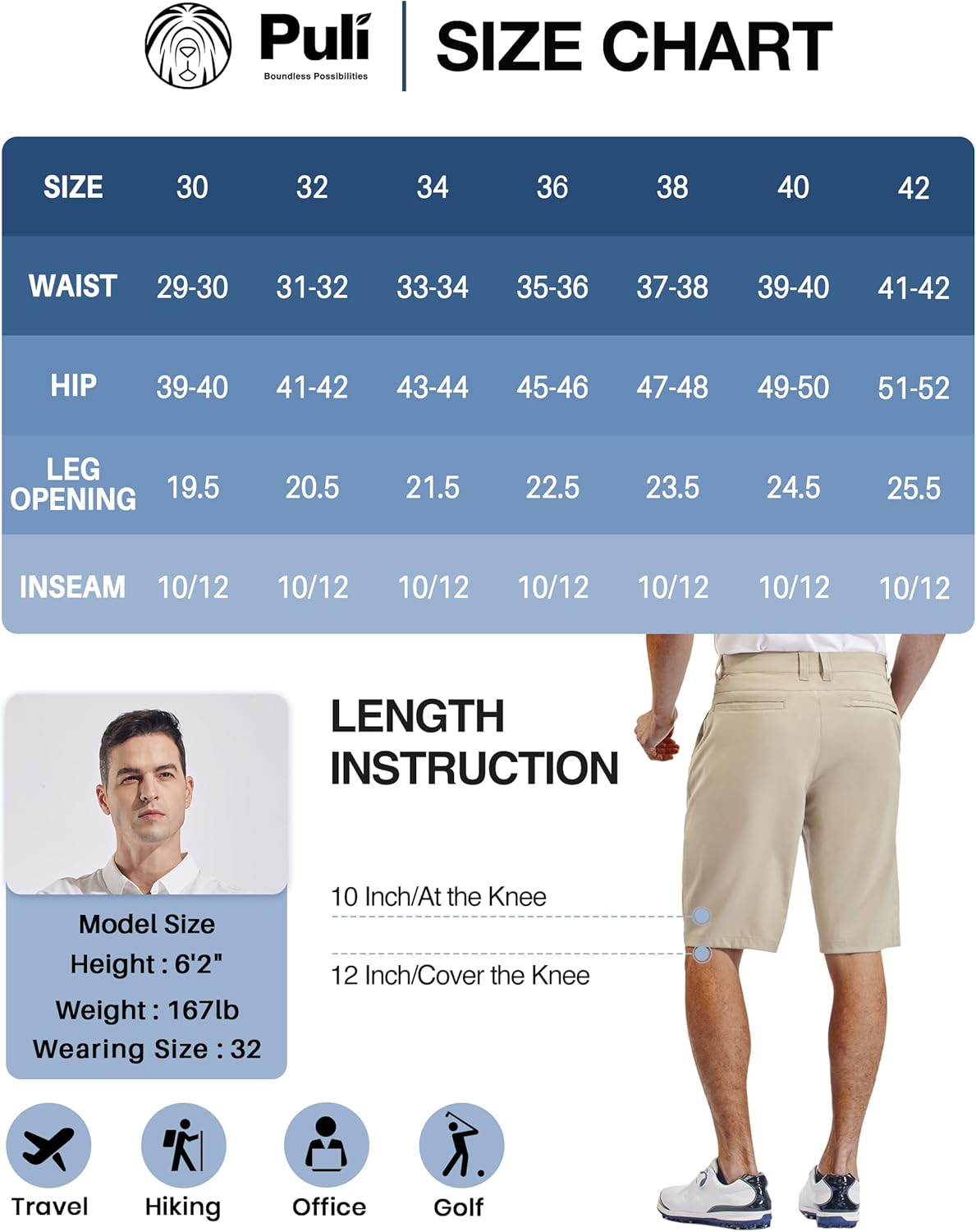 PULI Men's Golf Hiking Shorts - Lightweight Quick-Drying Casual Wear | 12"/10" Inseam with Pockets