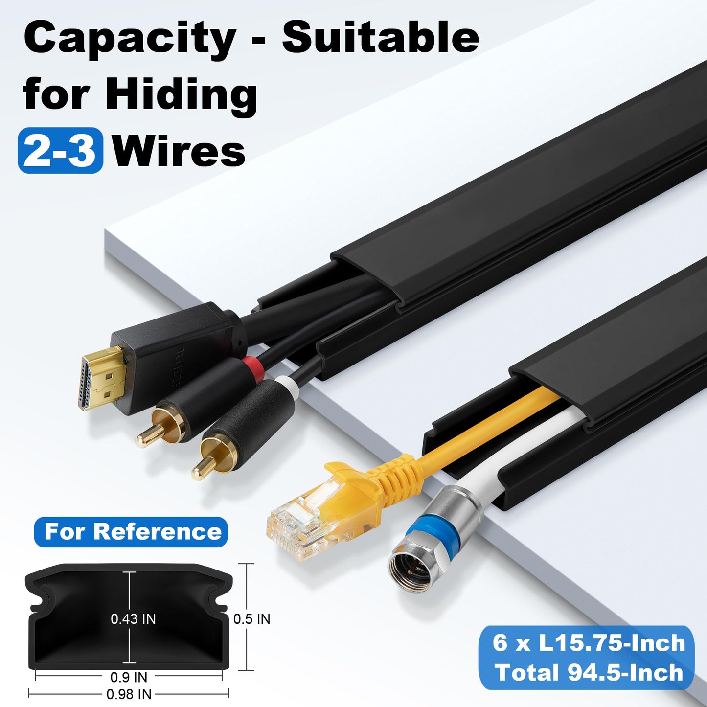 ZhiYo Cord Cover Wall Kit, 94.5in Cord Hider Wall Mounted TV, Self-Adhesive Wire Covers for Cords, Paintable Wire Hiders Cable Raceway Kit, Cable Concealer, 6 x L15.7in W0.98 H0.5in, Black