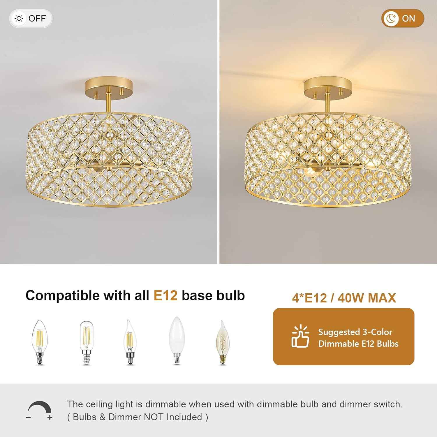 Modern Black Crystal Semi Flush Mount Ceiling Light Fixture - 11.2" Round Chandelier for Dining Room, Hallway, Kitchen & Bedroom