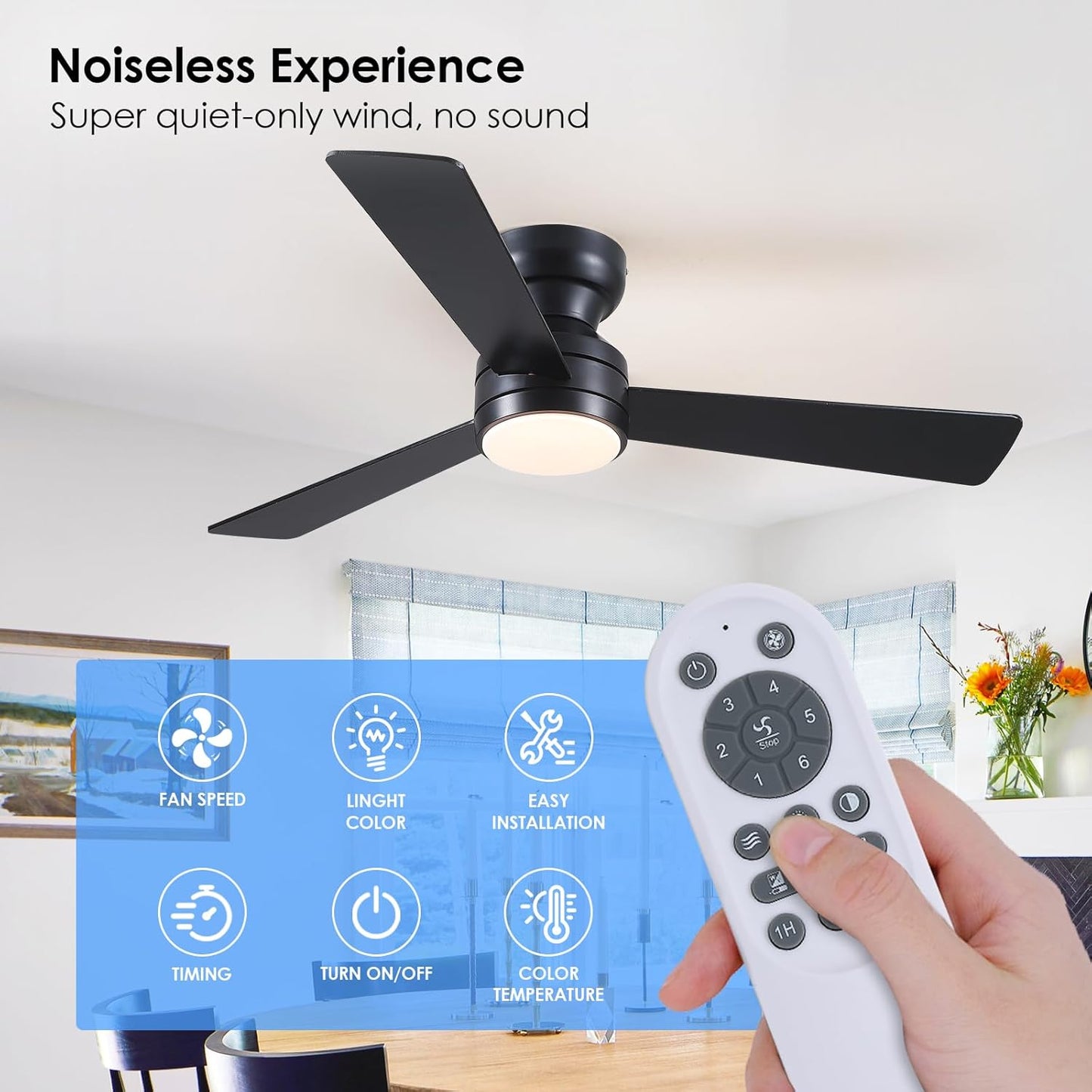 46” Black Low Profile Ceiling Fan with Lights & Remote Control - Dimmable, Noiseless, Reversible for Bedroom