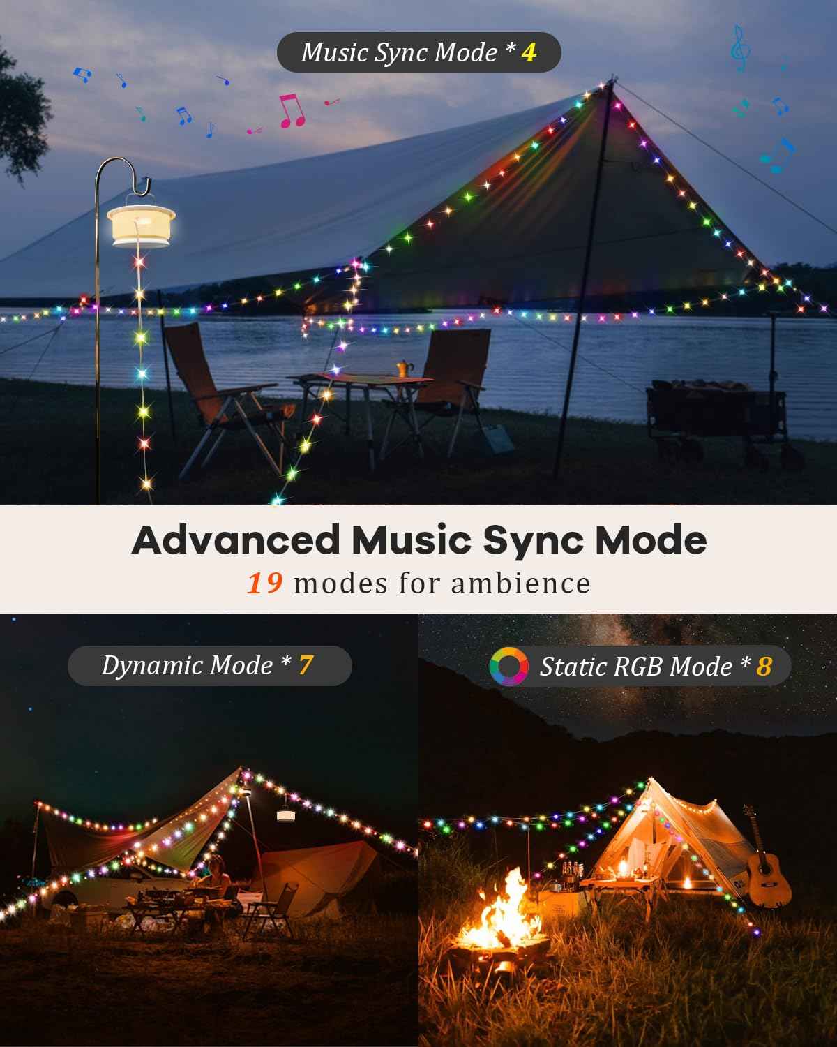 Camping String Lights 33FT, 4 in 1 RGB Retractable Camping Lights with 19 Lighting Modes,Quick 20s Storage,Waterproof,Portable Camping Lantern,Rechargeable Tent Lights for Garden Party Christmas Decor