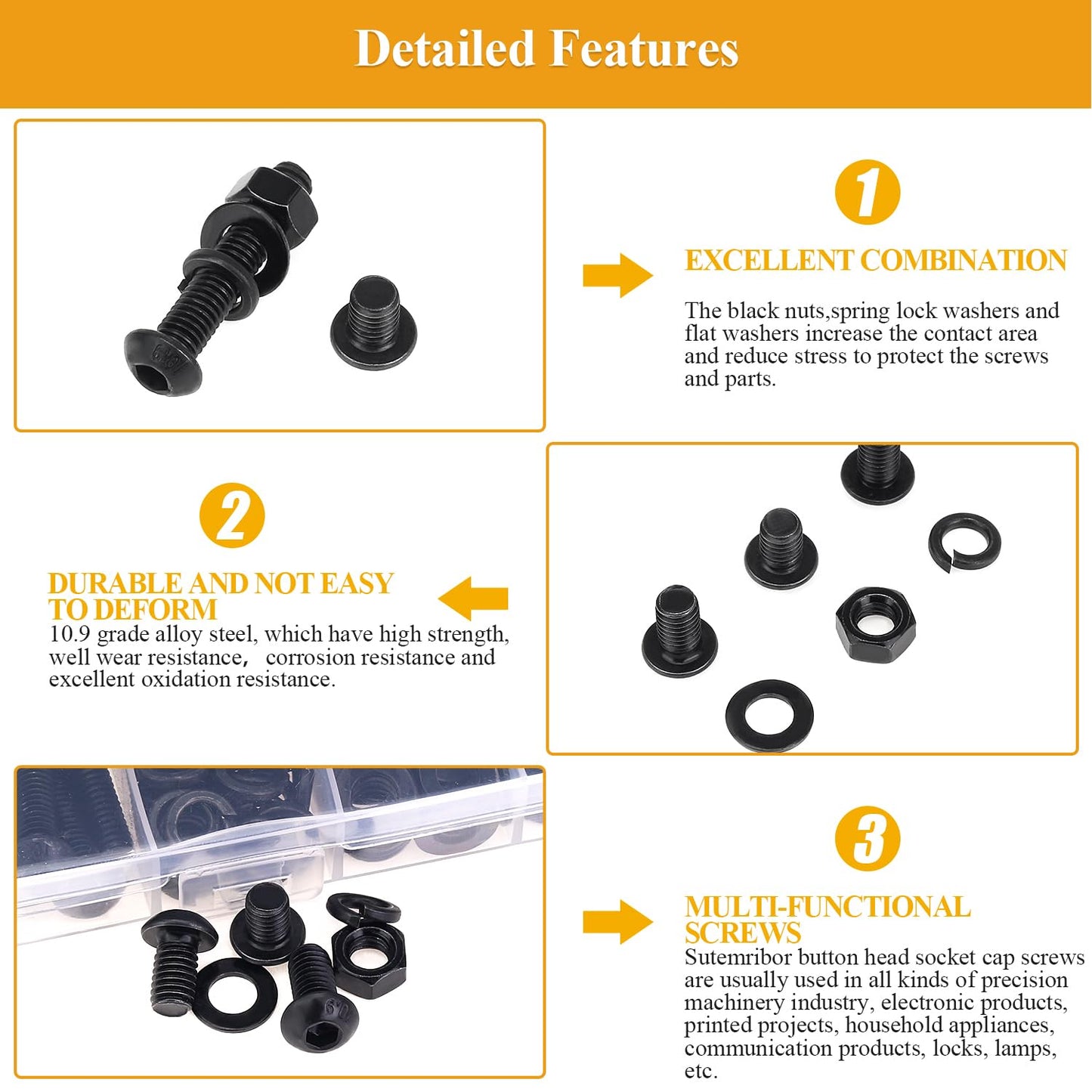 150 Pieces M6 Screws Nuts Washers Set Black, Sutemribor M6 x 10/12/16/20/25/30/35mm Button Head Socket Cap Screws Nuts Washers Assortment Kit, 10.9 Grade Alloy Steel, Fully Threaded